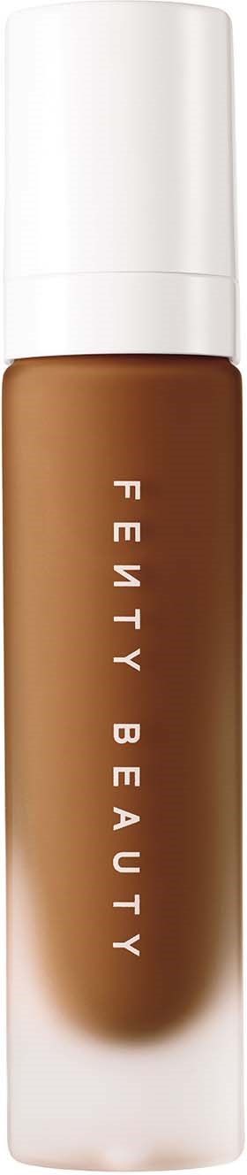 A bottle with a white cap, brown liquid inside, labeled 'Fenty Beauty'.
