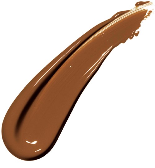 A thick streak of brown liquid, smooth and glossy, with a slight curve.
