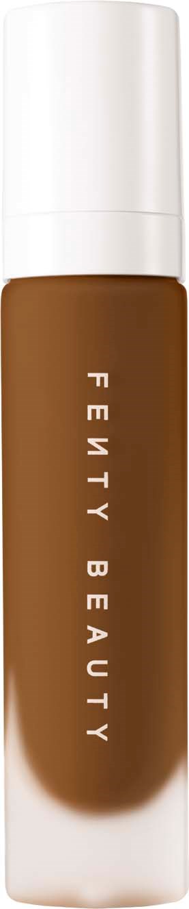 A brown cosmetic bottle with white cap and "Fenty Beauty" written vertically on it.