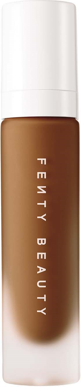 Fenty Beauty liquid concealer bottle, brown shade, white cap, minimalist design.