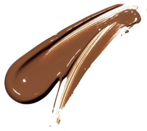 A smooth, curved brown paint stroke with shiny texture on a white background.
