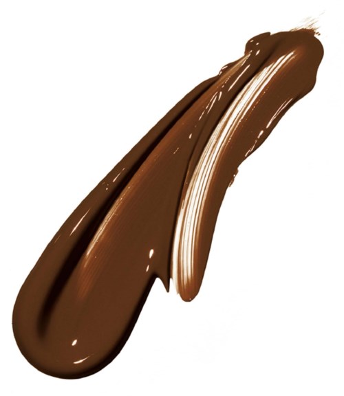 A thick, smooth smear of brown paint with a shiny finish on a white background.