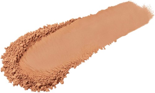 En beige makeuppuder skuren på en vit yta med en mjuk, texturerad kant.