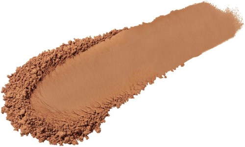 En svep av brunt pulver, möjligen makeup eller lera, på en vit bakgrund.