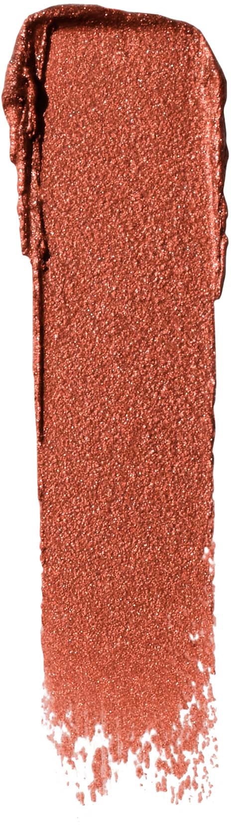 En lång, blank roséguldsfärgad makeup-svamp eller läppstiftsskvätt på vit bakgrund.