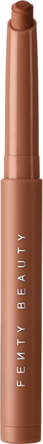 En brun makeuppenna med orden "FEUTY BEAUTY" skrivet på den, med ett vridbart lock.