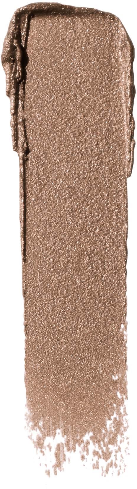 En metallisk, glänsande, beige-brun makeup-streck med slät struktur och ojämna kanter.
