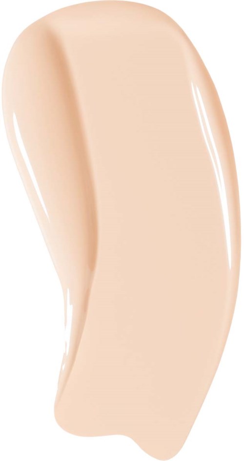 En strykning av ljus beige foundationkräm på en vit bakgrund.