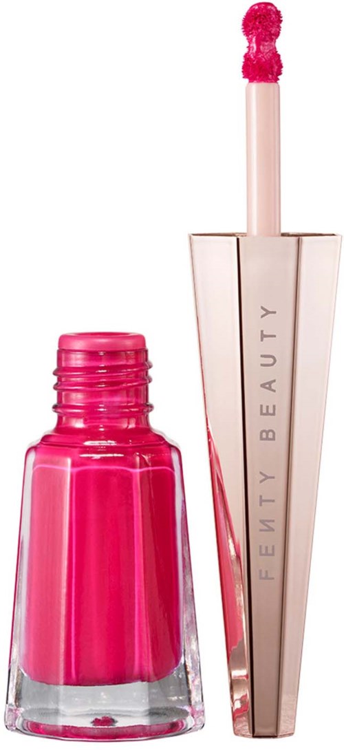 Pink liquid lipstick with applicator wand in a transparent and pink tube. Beauty brand name on the side of the container.