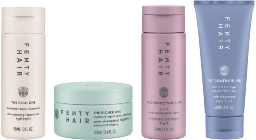 Four Fenty Hair products in different bottles and a jar, each with pastel colors and branding.