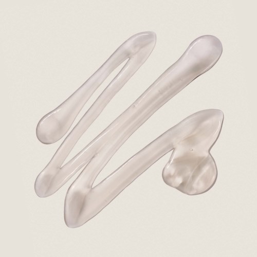 Transparent gel-like substances in different shapes and sizes, resembling liquid drops or blobs.