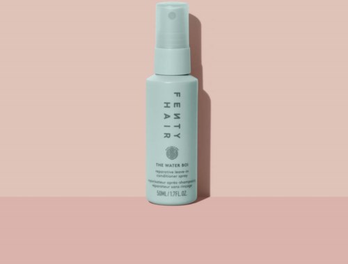 A small, light blue spray bottle with simple text, labeled 'Fenty Hair' and 'The Water Bon'.