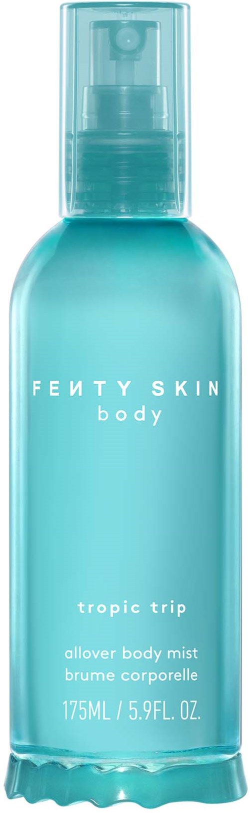En blå sprayflaske av Fenty Skin kroppsspray kalt Tropic Trip vist med klar hette og etiketttekst.