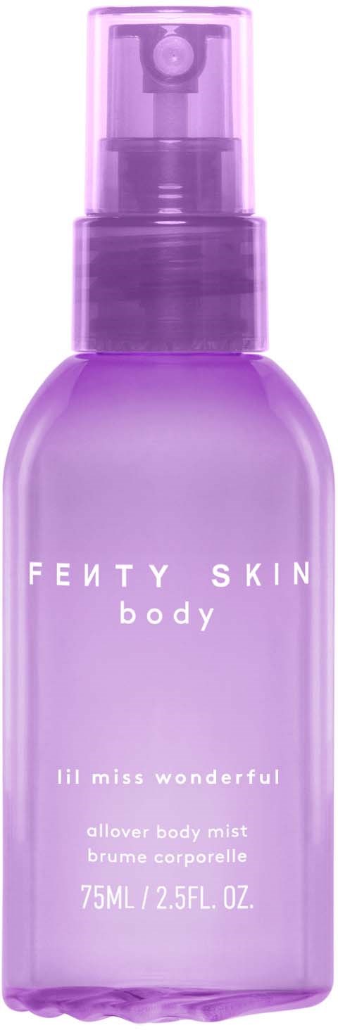 Lilla sprayflaske med hvid tekst, mærket Fenty Skin Body Lil Miss Wonderful glover body mist, 75 ml.