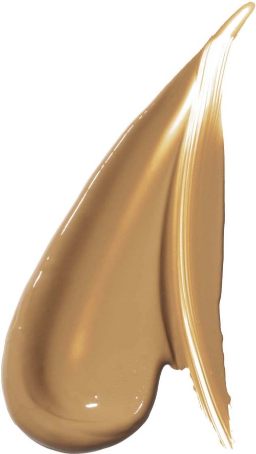A gold-colored liquid or gel with a shiny, smooth texture, in a teardrop shape with a streak across it.