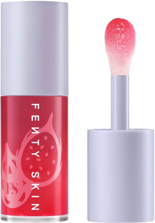 A red lip gloss with a silver cap and a pink applicator brush. The brand name 'Fenty Skin' is written on it.