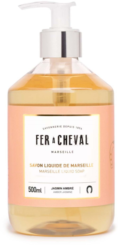 A clear pump bottle with pink label containing Marseille liquid soap, 500ml, with a white pump.