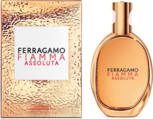 Ein Parfümflasche und eine Schachtel in Gold und Rosa, mit Bezeichnung Ferragamo Fianna Assuluta.