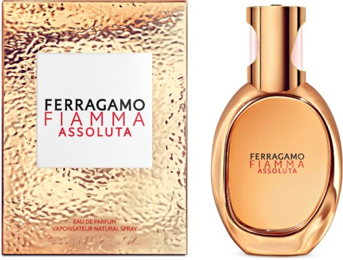 Ferragamo Fiamma Absoluta Parfümflasche und Verpackung, Gold- und Roséfarben, elegantes Design.