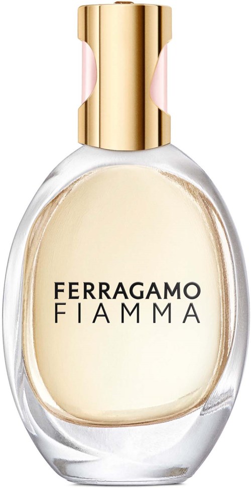 A perfume bottle with a gold and pink cap, labeled 'FERRAGAMO FIAMMA', contains perfume.