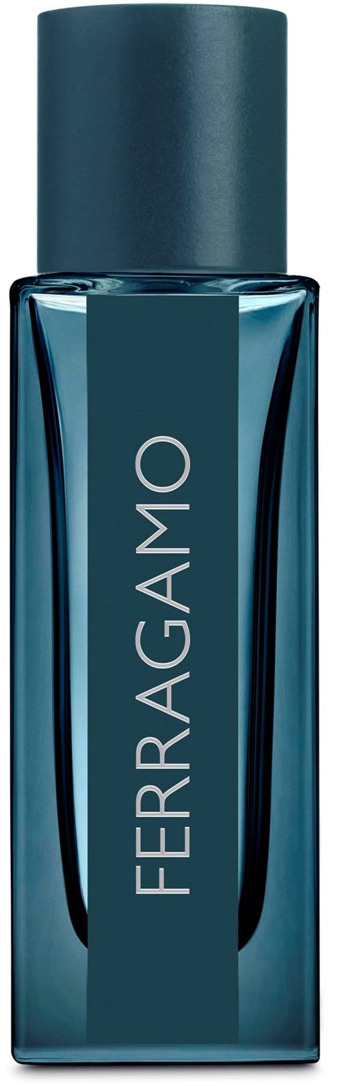 A blue bottle with a dark cap labeled 'FERRAGAMO' stands upright. It looks like a perfume or fragrance container.