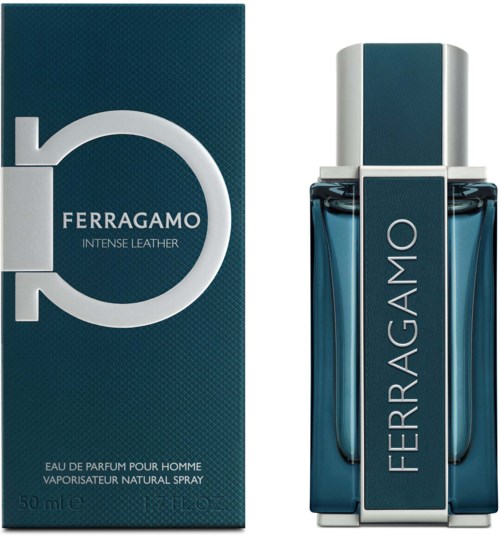 Ferragamo Intense Leather parfumfles en verpakking in blauw en zilver.