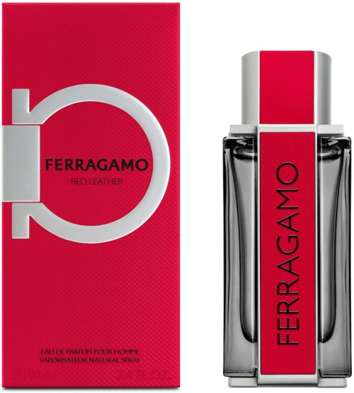 En parfyllflaska och box märkt 'Ferragamo Red Leather' i svart och rött.