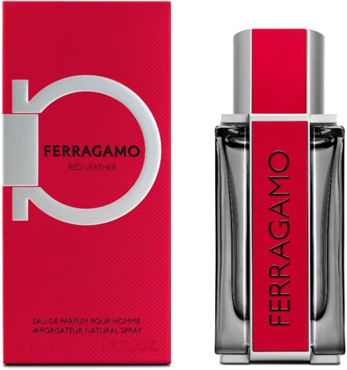 Ferragamo Red Leather parfym ask och flaska med silverlock och röd etikett.