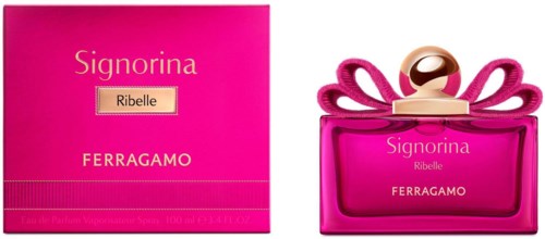 A perfume bottle and box with pink color, gold label, and ribbon design, labeled Signorina by Ferragamo.