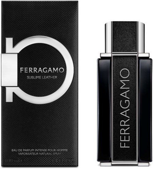 A black and silver perfume bottle and box with the Ferragamo logo and the name 'Sublime Leather'.