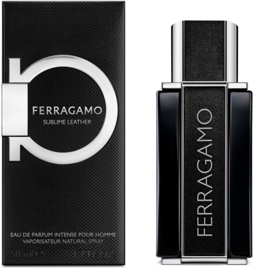 Eine schwarze Box mit Silber- und Weißakzenten, Parfümflasche mit der Aufschrift "FERRAGAMO" und Duftbeschreibung.
