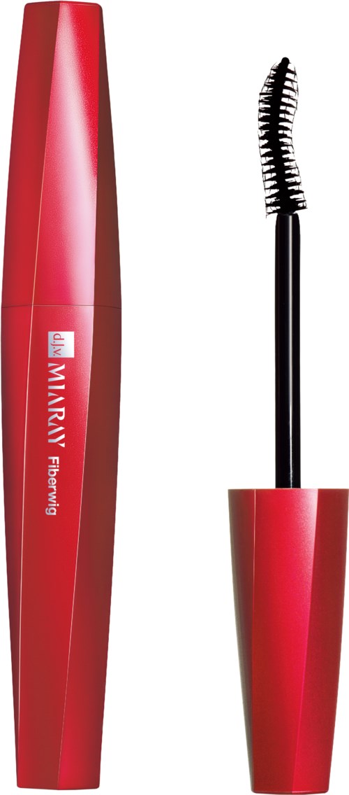 En röd mascara tub med böjd design och en öppen borste som visar borsten.