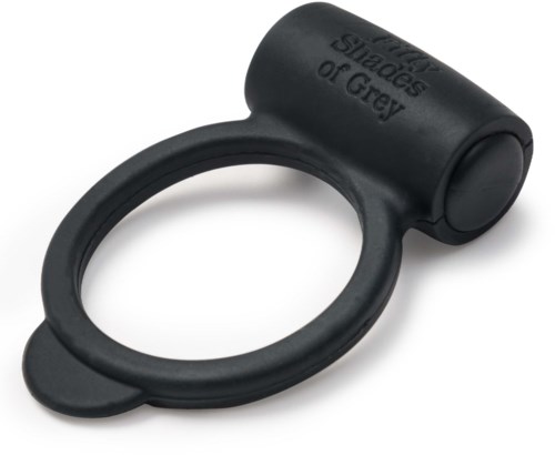 Een zwarte ring met een kleine cilinder aan de bovenkant, gemerkt "Shade of Grey," mogelijk een ringhouder of accessoire.