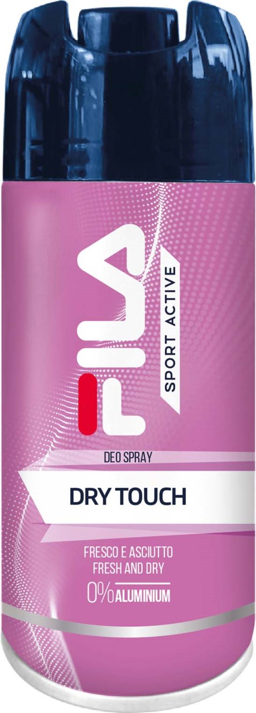 Violetti kannu FILA urheilu deodorantti-suihke, merkinnällä 'Dry Touch,' 'Fresh and Dry,' ja tummansininen kansi.