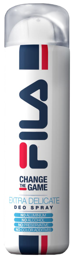 En vit deodorantsprayburk med silverlock, märkt 'FILA CHANGE THE GAME' och 'EXTRA DELICATE'.