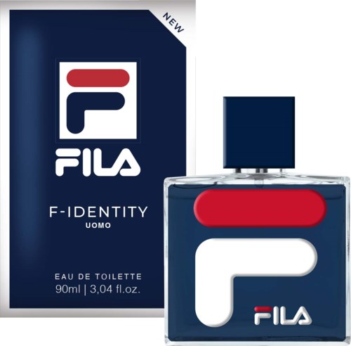 FILA F-Identity Uomo -tuoksupullo ja laatikko tummansiniset logo- ja väritiedot.