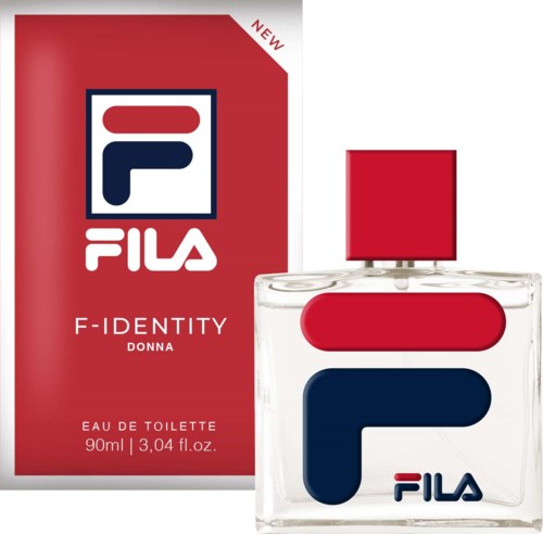 Fila-hajuvesipullo, jossa on punainen korkki ja logo, vieressä sen punainen ja valkoinen pakkauksessa.