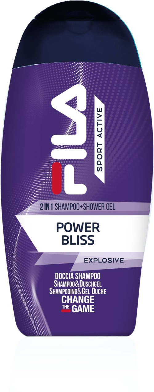 Violetti shampoo ja suihkugeelipullo FILA-logolla ja 'Power Bliss' -etiketillä. Urheilullinen muotoilu ja tuotetiedot.