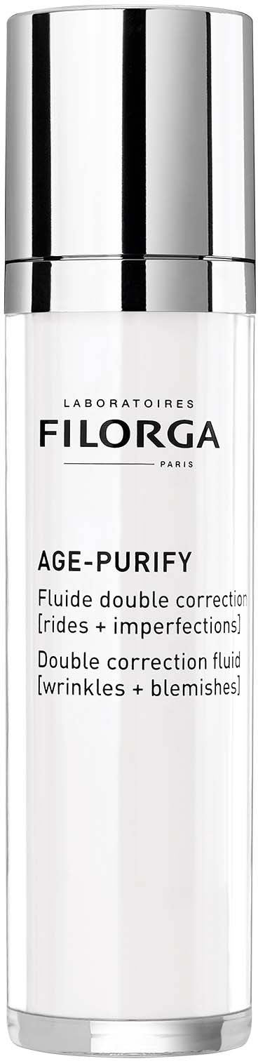 En hvit flaske med sølvhette, merket 'Filorga Age-Purify' for hudpleie, påstår å redusere rynker og ujevnheter.