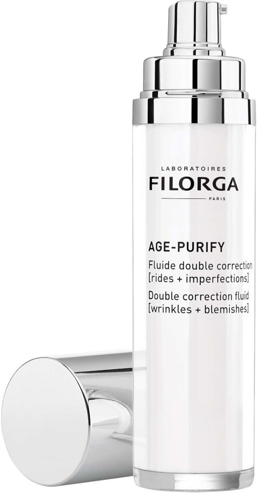En lang, hvit flaske med en sølv pumpe, merket 'Filorga Age-Purify', for hudpleie eller kosmetikk.