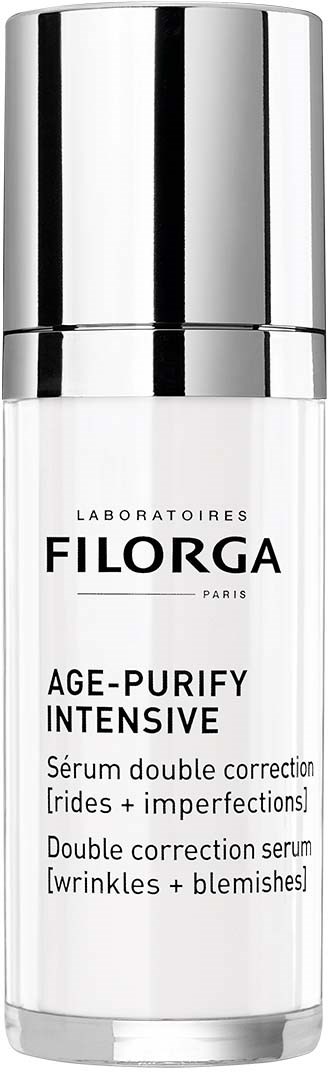 En hvit og sølvfarget flaske med hudserum merket 'Filorga Age-Purify Intensive' for rynker og ujevnheter.