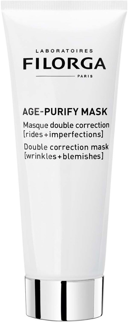 En hvit tube merket 'Filorga Age-Purify Mask' for huden med dobbel korrigering for rynker og urenheter.