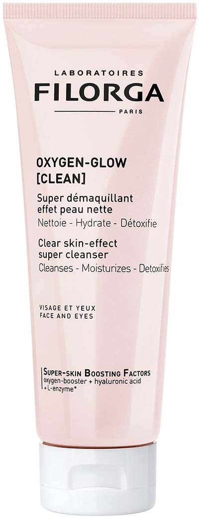 A pink tube labeled Filorga Oxygen-Glow Clean for face and eyes, promoting skin cleansing, moisturizing, and detoxifying.