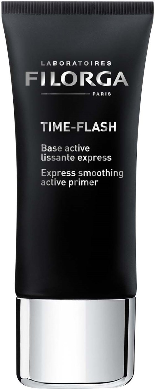 En svart tube med hvit tekst, sier 'Filorga Time-Flash' og 'Express smoothing active primer'.