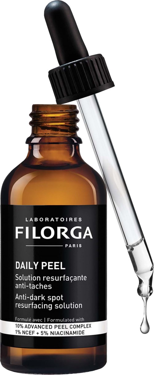 A brown glass bottle with a black cap and a dropper. The label says Filorga Daily Peel, a skincare product.