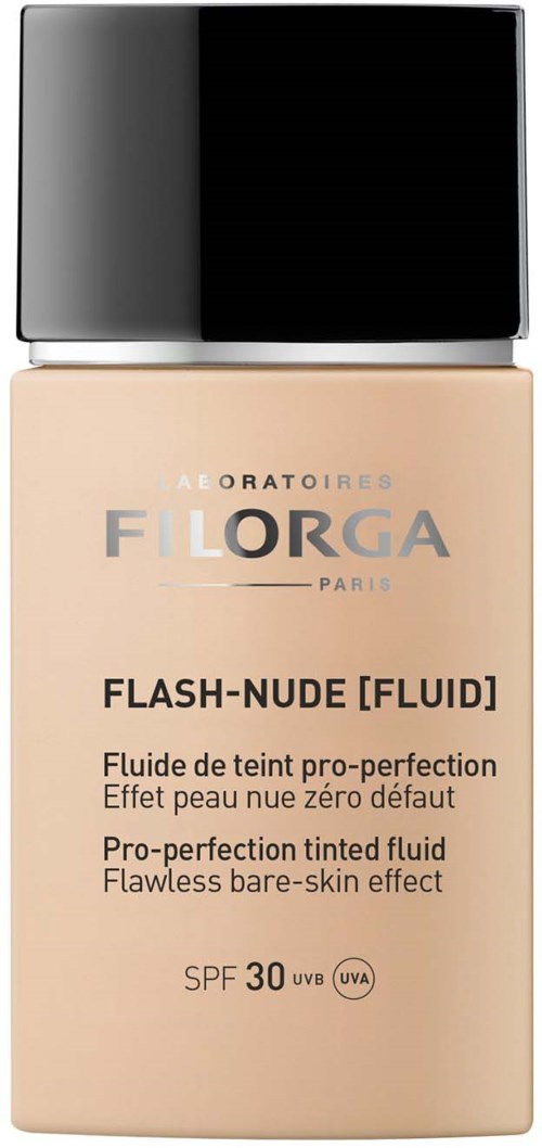 En beige flaske med svart lokk, merket 'Filorga Flash-Nude' for hud, SPF 30, og pro-perfeksjons farget væske.