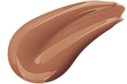 En prøve av beige farget flytende makeup eller foundation med glatt, kremaktig tekstur.