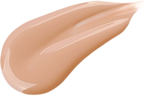 En beige flytende foundation testet med glatt, skinnende og kremaktig tekstur på en svart bakgrunn.