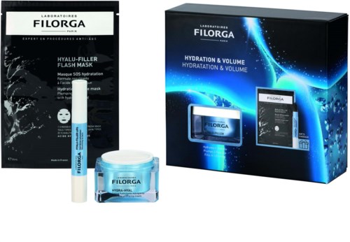 Fire hudpleieprodukter fra Laboratoires Filorga, inkludert en maske, krem, ampull og brosjyre i en blå og svart eske.