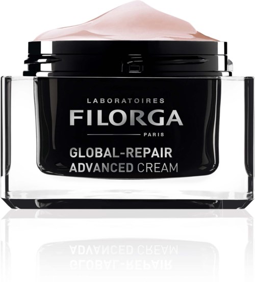 En svart burk av Filorga Global-Repair Advanced Cream med rosa kräm inuti, märkta med varumärke och produktnamn.